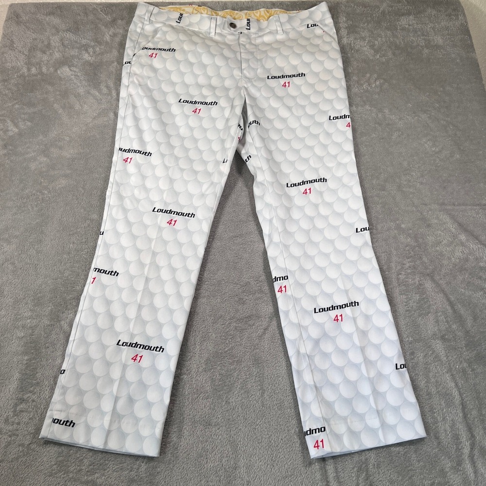 Loudmouth Golf Pants Mens 40x32 White AOP Golf Balls Performance Stretch